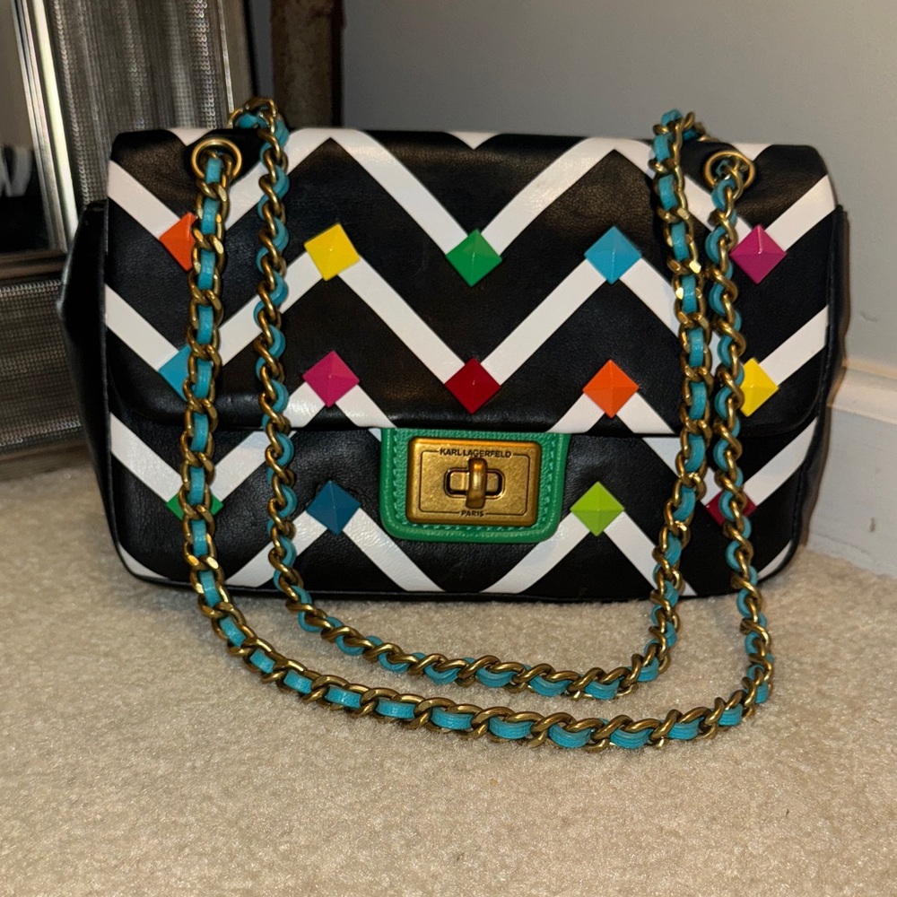 Karl Lagerfeld Black and White Chevron Chain Shoulder Bag with Multicolor Studs